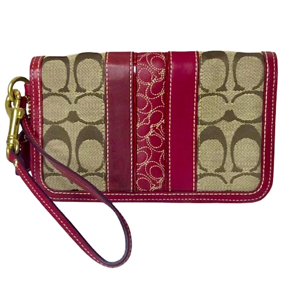 Vintage COACH Hamilton Red Leather & Canvas Signature C Wristlet Clutch Hangtag